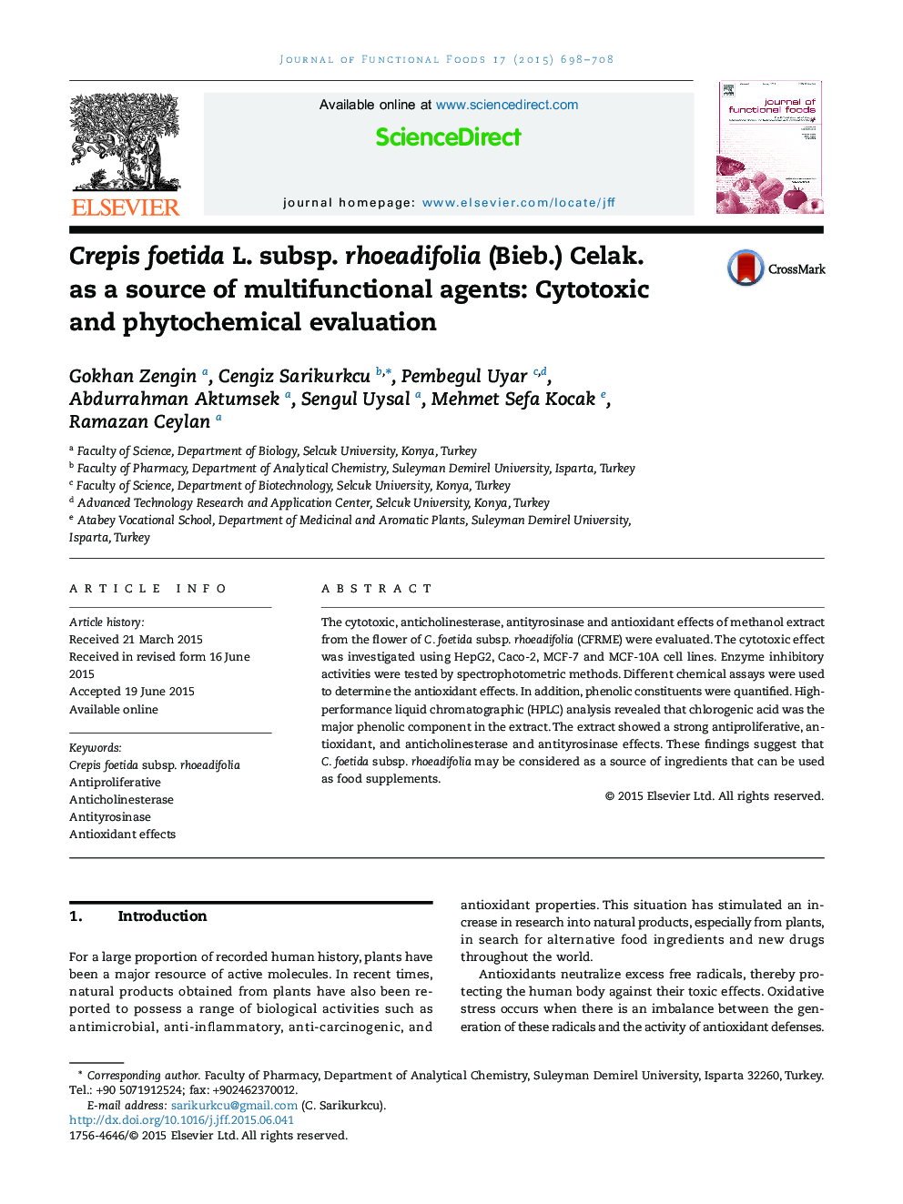 Crepis foetida L. subsp. rhoeadifolia (Bieb.) Celak. as a source of multifunctional agents: Cytotoxic and phytochemical evaluation