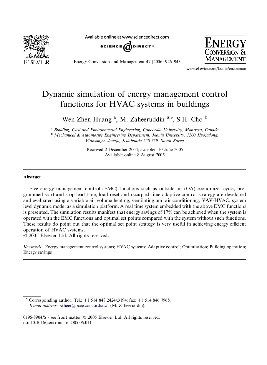 Dynamic simulation of energy management control functions for HVAC systems in buildings