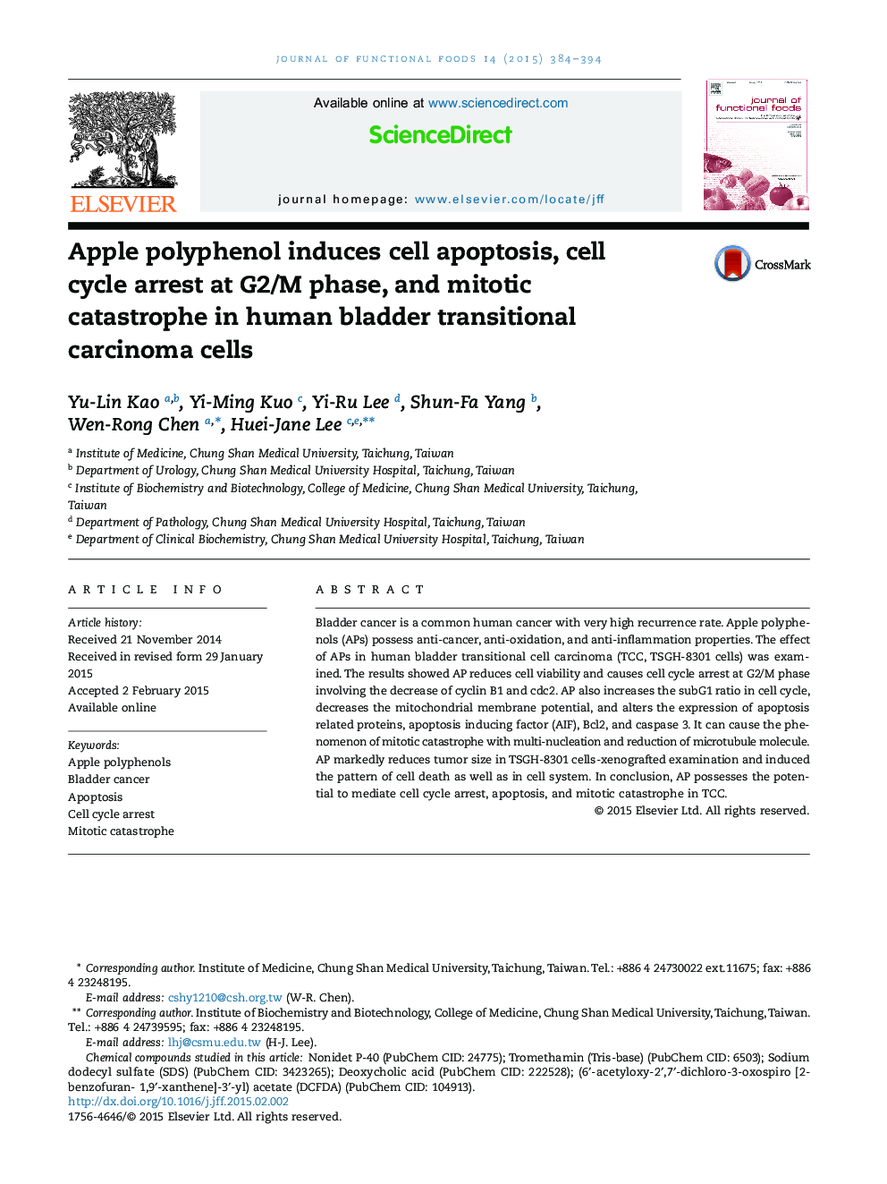 Apple polyphenol induces cell apoptosis, cell cycle arrest at G2/M phase, and mitotic catastrophe in human bladder transitional carcinoma cells