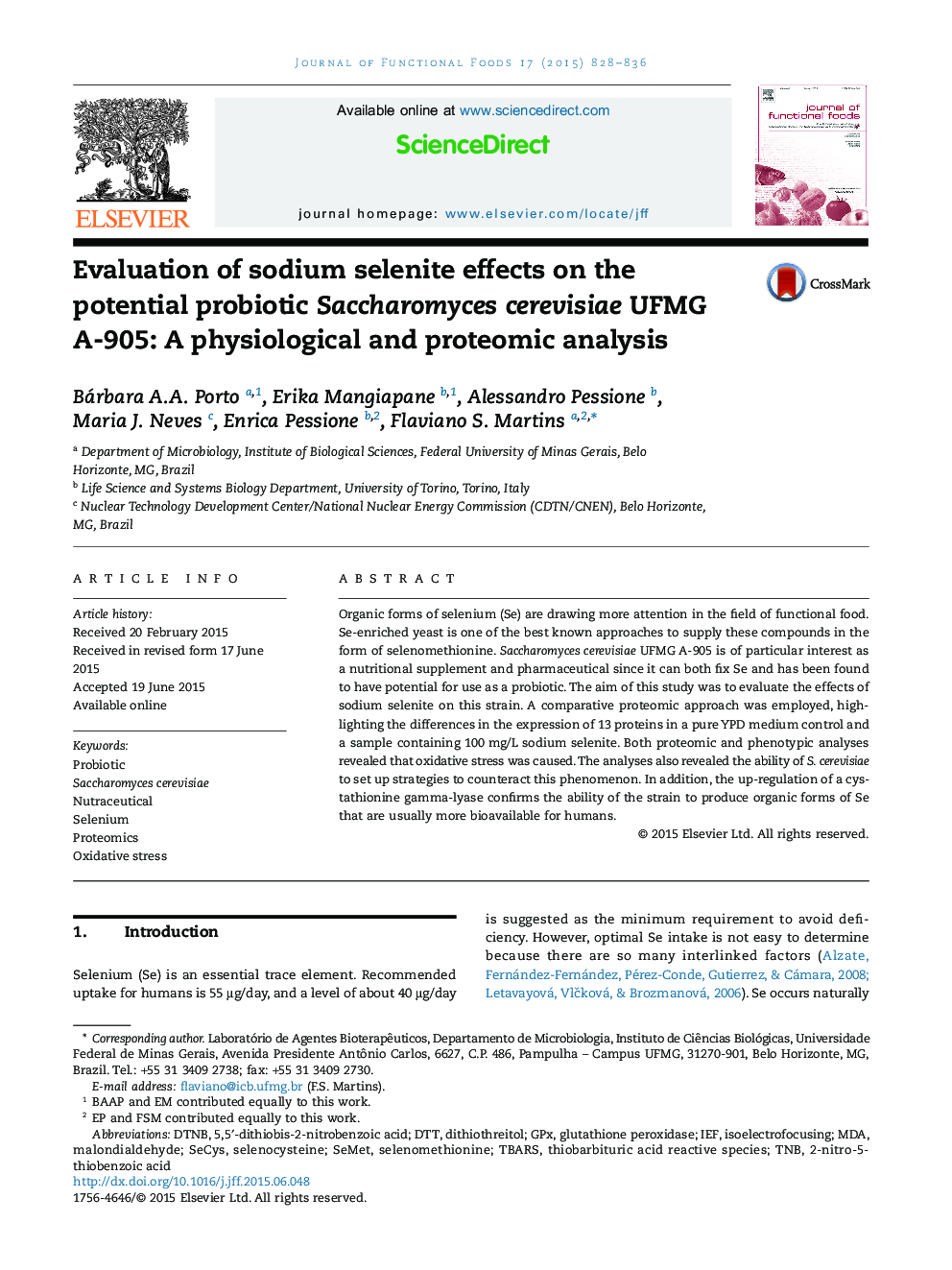 Evaluation of sodium selenite effects on the potential probiotic Saccharomyces cerevisiae UFMG A-905: A physiological and proteomic analysis