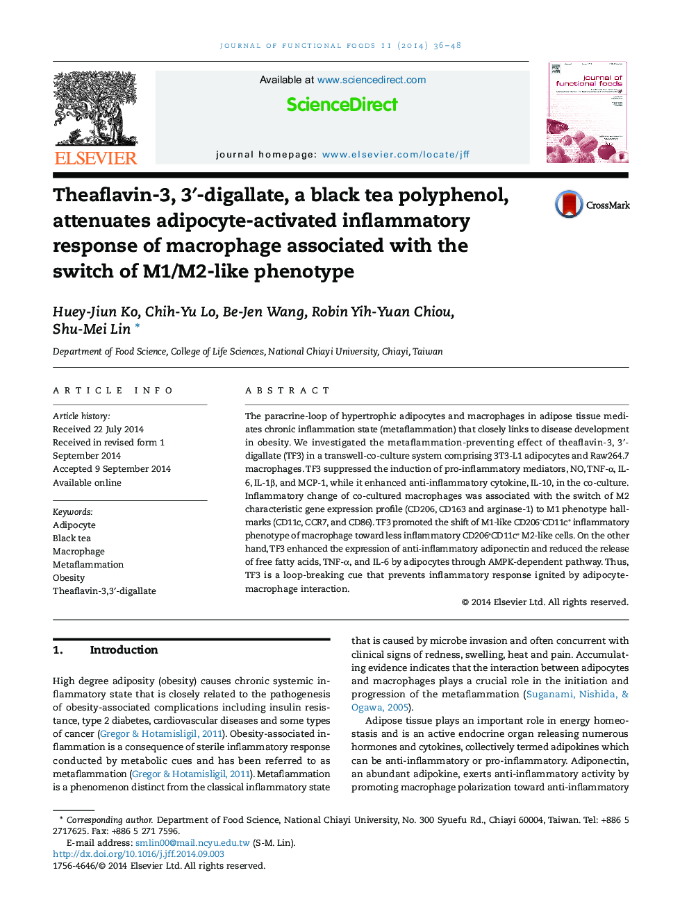 Theaflavin-3, 3â²-digallate, a black tea polyphenol, attenuates adipocyte-activated inflammatory response of macrophage associated with the switch of M1/M2-like phenotype