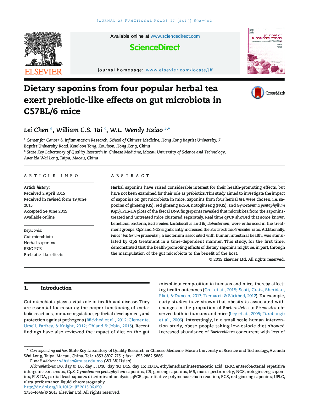 Dietary saponins from four popular herbal tea exert prebiotic-like effects on gut microbiota in C57BL/6 mice