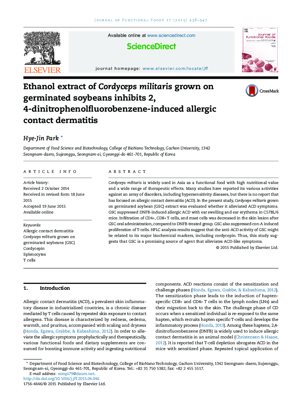 Ethanol extract of Cordyceps militaris grown on germinated soybeans inhibits 2, 4-dinitrophenolfluorobenzene-induced allergic contact dermatitis