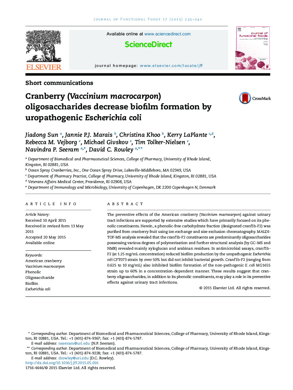 Cranberry (Vaccinium macrocarpon) oligosaccharides decrease biofilm formation by uropathogenic Escherichia coli