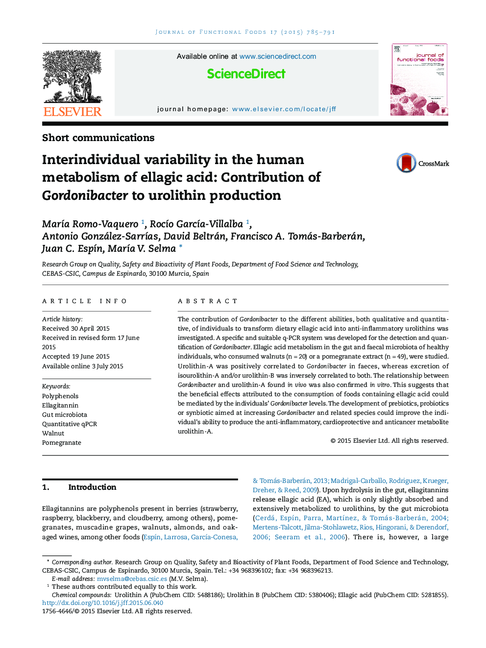 Interindividual variability in the human metabolism of ellagic acid: Contribution of Gordonibacter to urolithin production