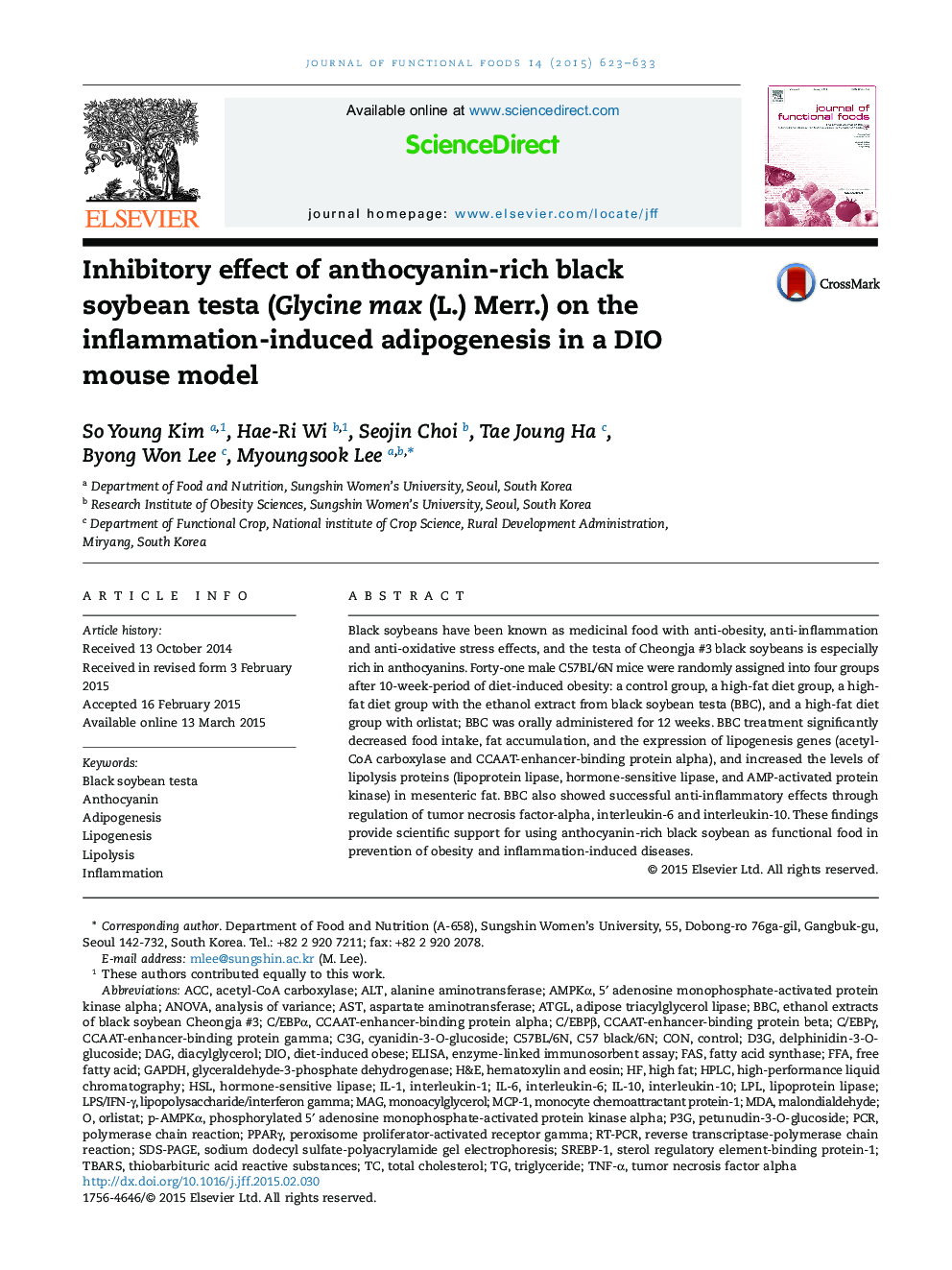 Inhibitory effect of anthocyanin-rich black soybean testa (Glycine max (L.) Merr.) on the inflammation-induced adipogenesis in a DIO mouse model
