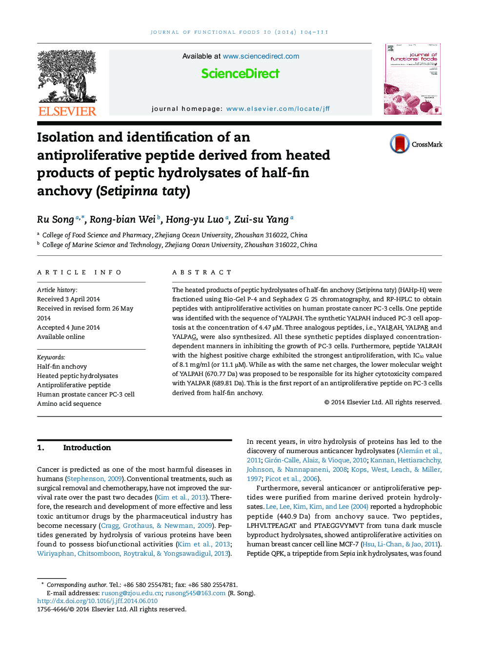 Isolation and identification of an antiproliferative peptide derived from heated products of peptic hydrolysates of half-fin anchovy (Setipinna taty)