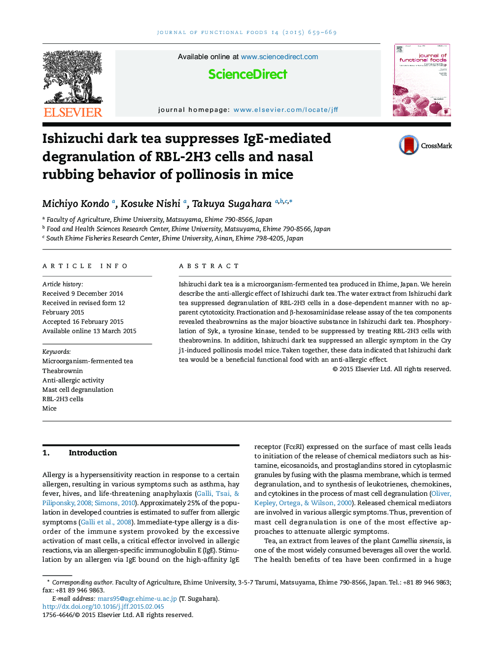 Ishizuchi dark tea suppresses IgE-mediated degranulation of RBL-2H3 cells and nasal rubbing behavior of pollinosis in mice