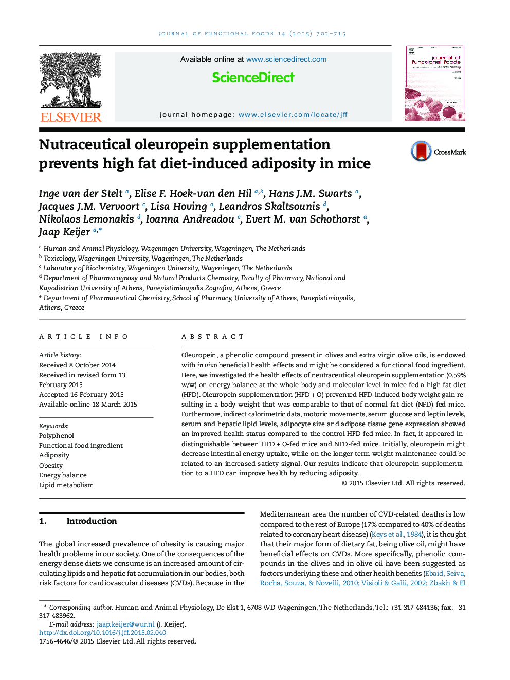 Nutraceutical oleuropein supplementation prevents high fat diet-induced adiposity in mice