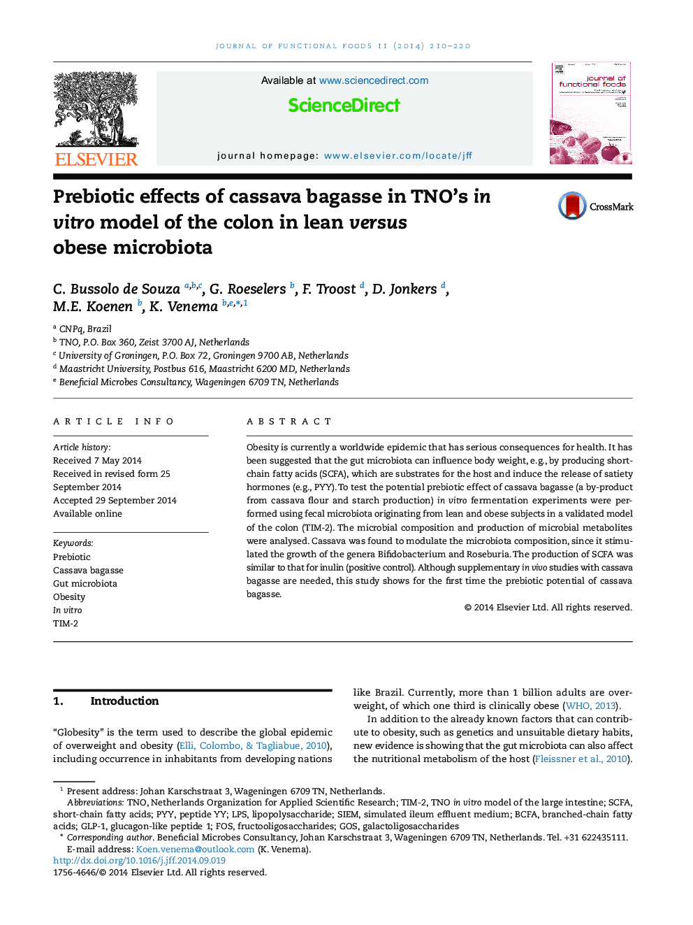 Prebiotic effects of cassava bagasse in TNO's in vitro model of the colon in lean versus obese microbiota