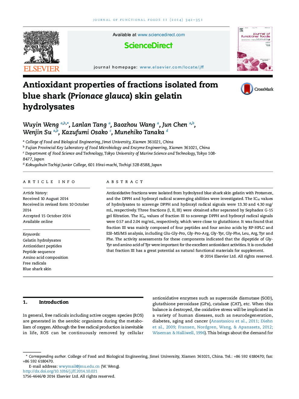 Antioxidant properties of fractions isolated from blue shark (Prionace glauca) skin gelatin hydrolysates