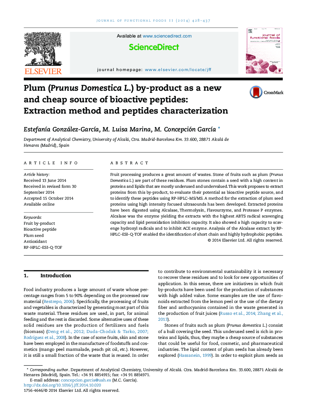 Plum (Prunus Domestica L.) by-product as a new and cheap source of bioactive peptides: Extraction method and peptides characterization