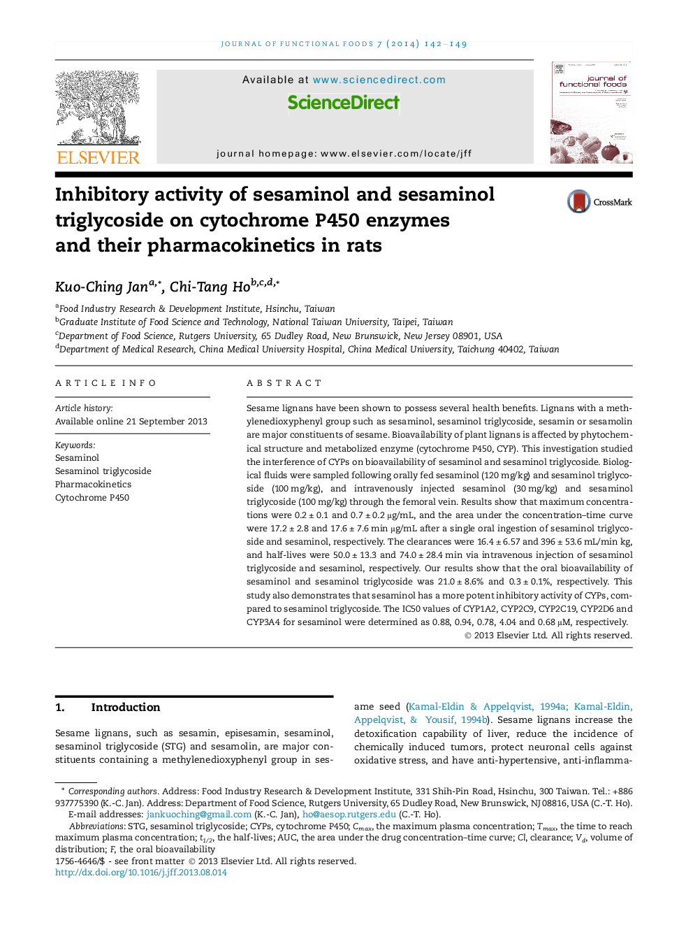 Inhibitory activity of sesaminol and sesaminol triglycoside on cytochrome P450 enzymes and their pharmacokinetics in rats