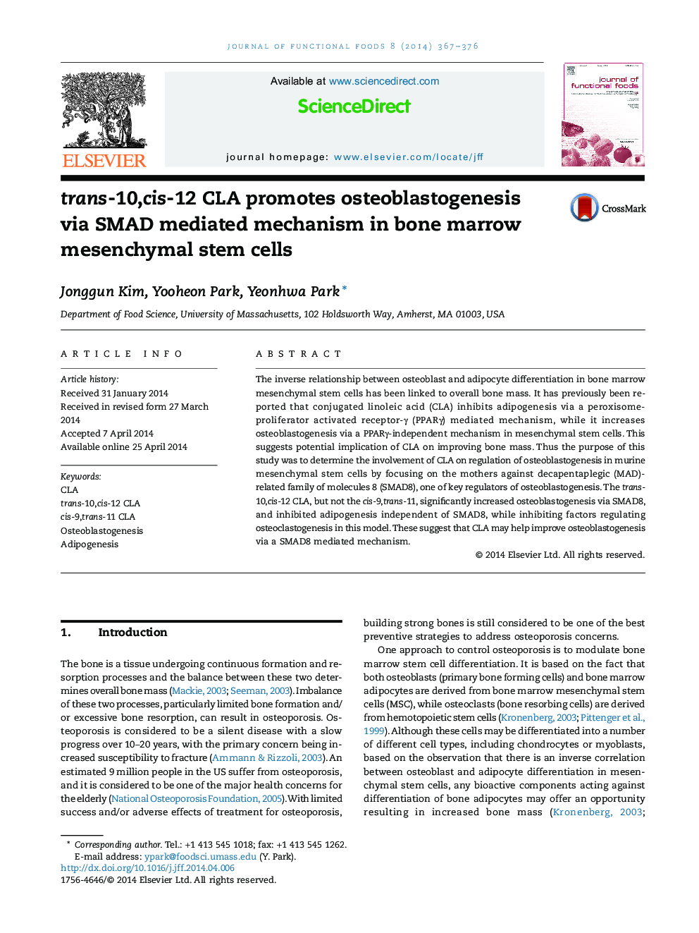 trans-10,cis-12 CLA promotes osteoblastogenesis via SMAD mediated mechanism in bone marrow mesenchymal stem cells