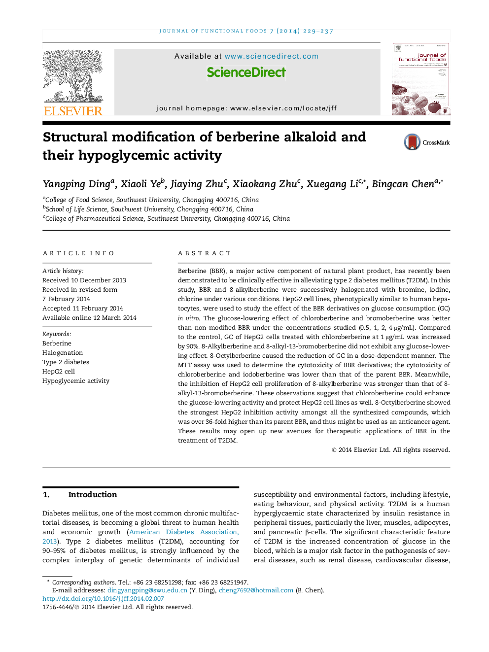 Structural modification of berberine alkaloid and their hypoglycemic activity