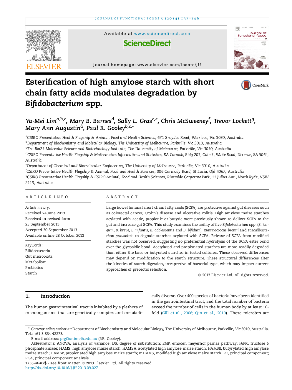 Esterification of high amylose starch with short chain fatty acids modulates degradation by Bifidobacterium spp.