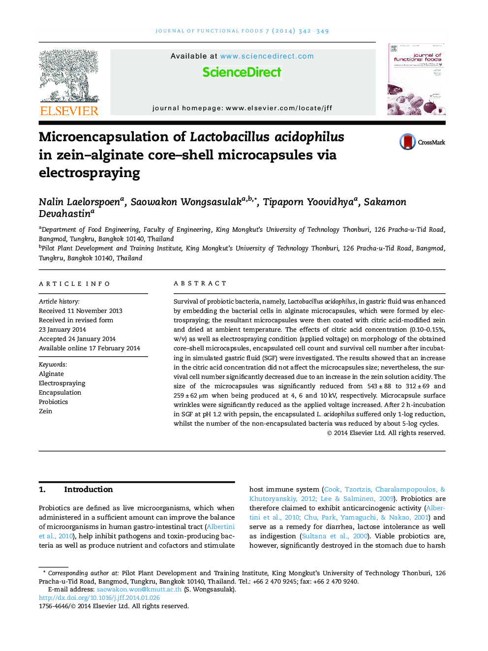 Microencapsulation of Lactobacillus acidophilus in zein-alginate core-shell microcapsules via electrospraying