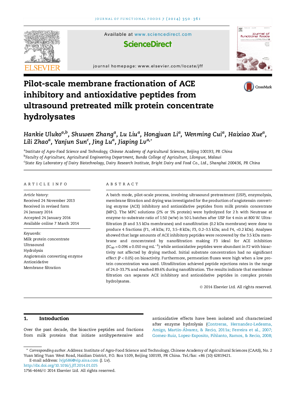 Pilot-scale membrane fractionation of ACE inhibitory and antioxidative peptides from ultrasound pretreated milk protein concentrate hydrolysates