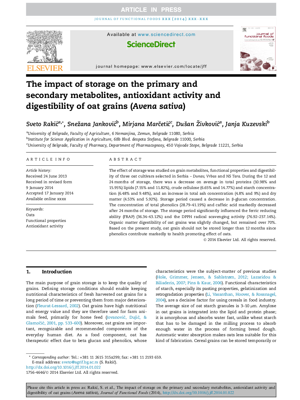 The impact of storage on the primary and secondary metabolites, antioxidant activity and digestibility of oat grains (Avena sativa)