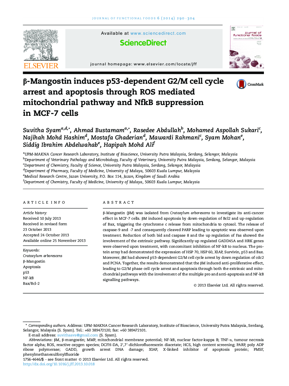 Î²-Mangostin induces p53-dependent G2/M cell cycle arrest and apoptosis through ROS mediated mitochondrial pathway and NfkB suppression in MCF-7 cells