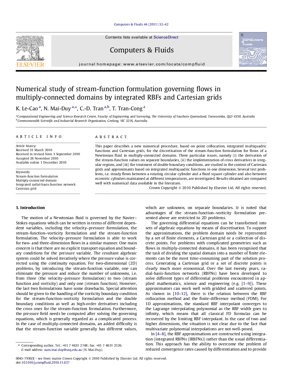 Numerical study of stream-function formulation governing flows in multiply-connected domains by integrated RBFs and Cartesian grids