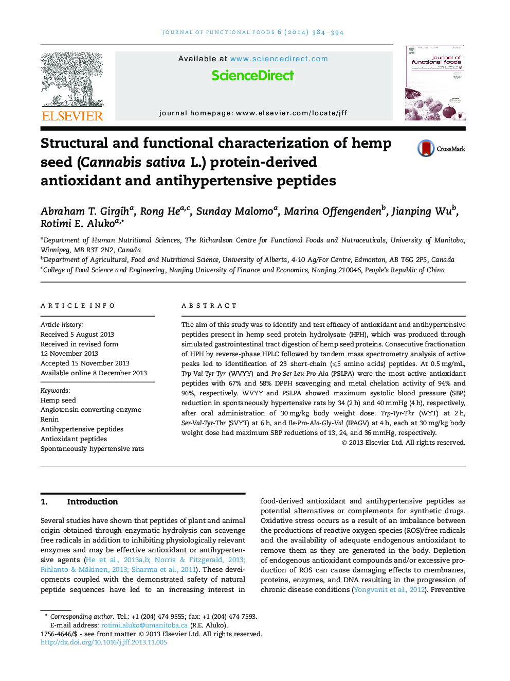 Structural and functional characterization of hemp seed (Cannabis sativa L.) protein-derived antioxidant and antihypertensive peptides