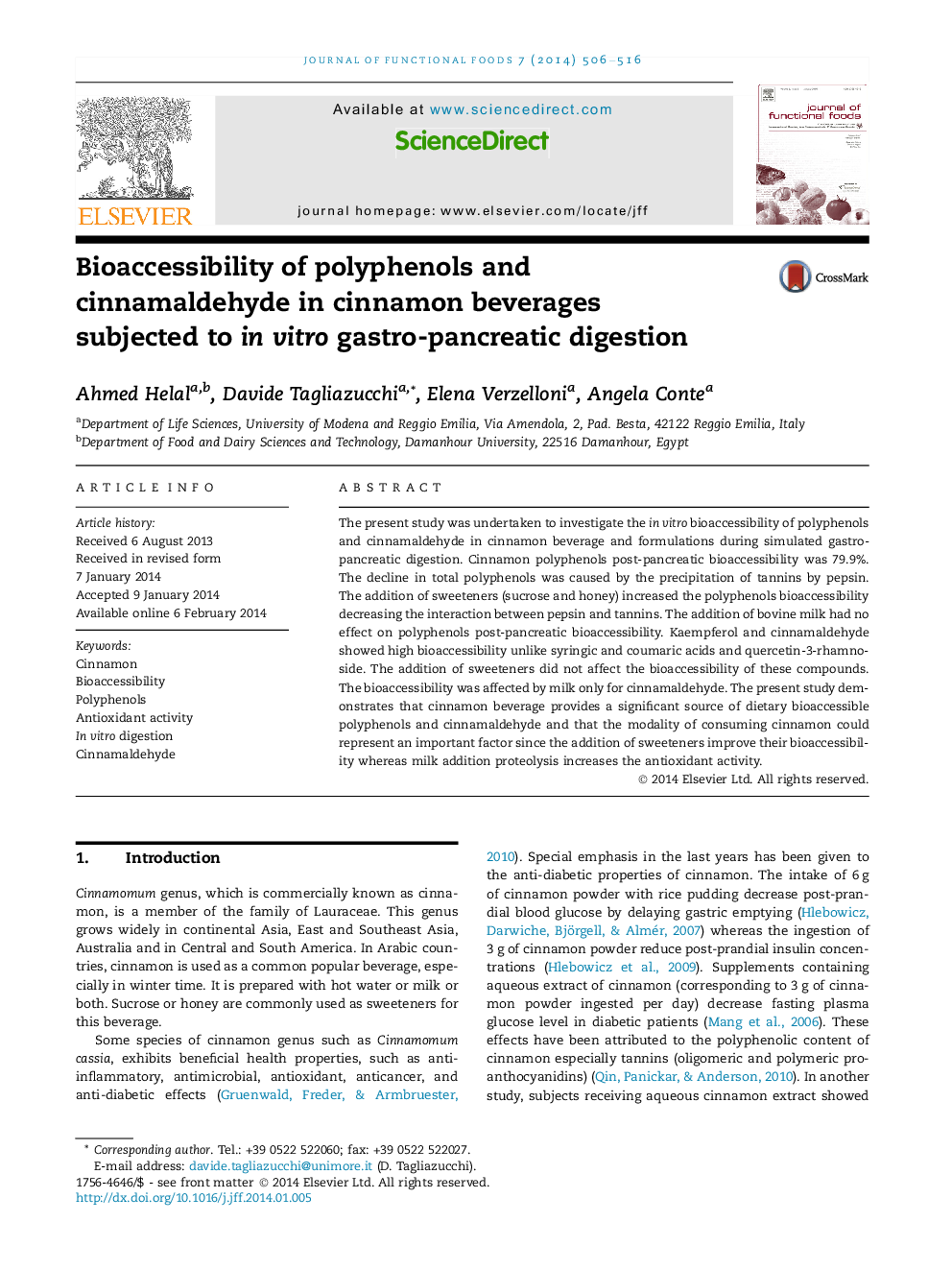 عکس صفحه اول مقاله: Bioaccessibility of polyphenols and cinnamaldehyde in cinnamon beverages subjected to in vitro gastro-pancreatic digestion Bioaccessibility of polyphenols and cinnamaldehyde in cinnamon beverages subjected to in vitro gastro-pancreatic digestion