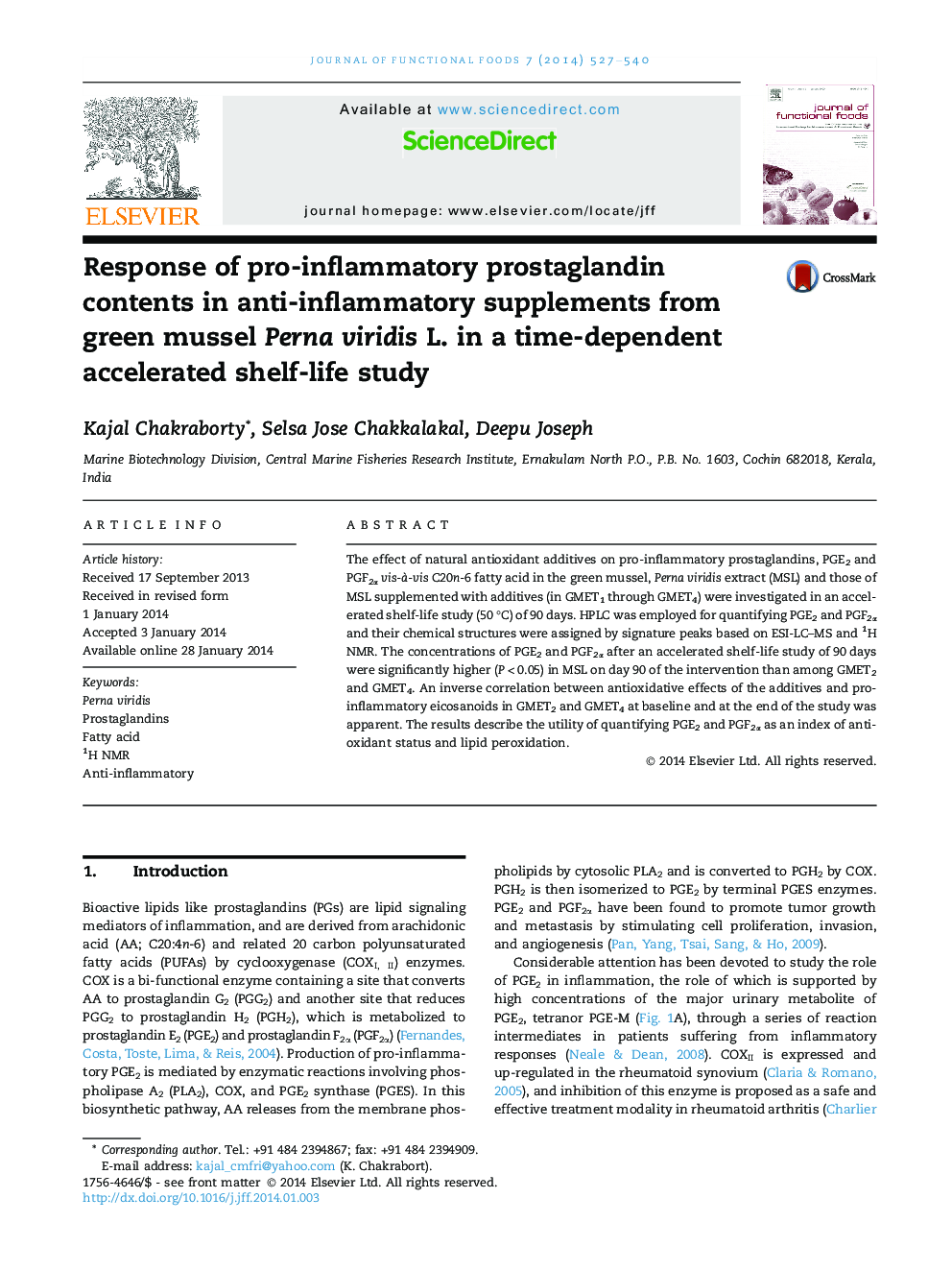 Response of pro-inflammatory prostaglandin contents in anti-inflammatory supplements from green mussel Perna viridis L. in a time-dependent accelerated shelf-life study