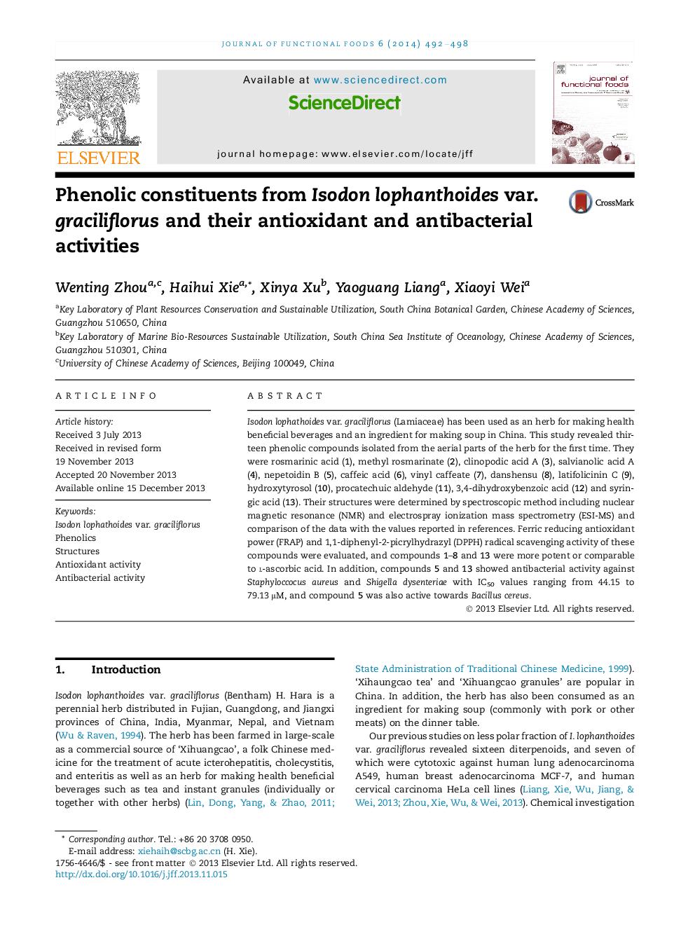 Phenolic constituents from Isodon lophanthoides var. graciliflorus and their antioxidant and antibacterial activities