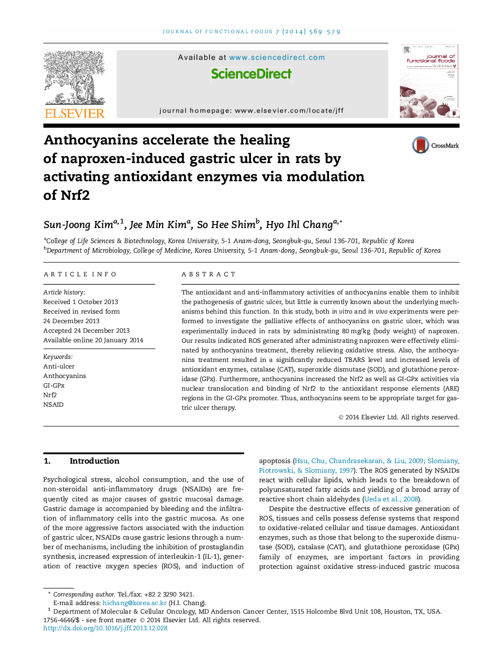 Anthocyanins accelerate the healing of naproxen-induced gastric ulcer in rats by activating antioxidant enzymes via modulation of Nrf2