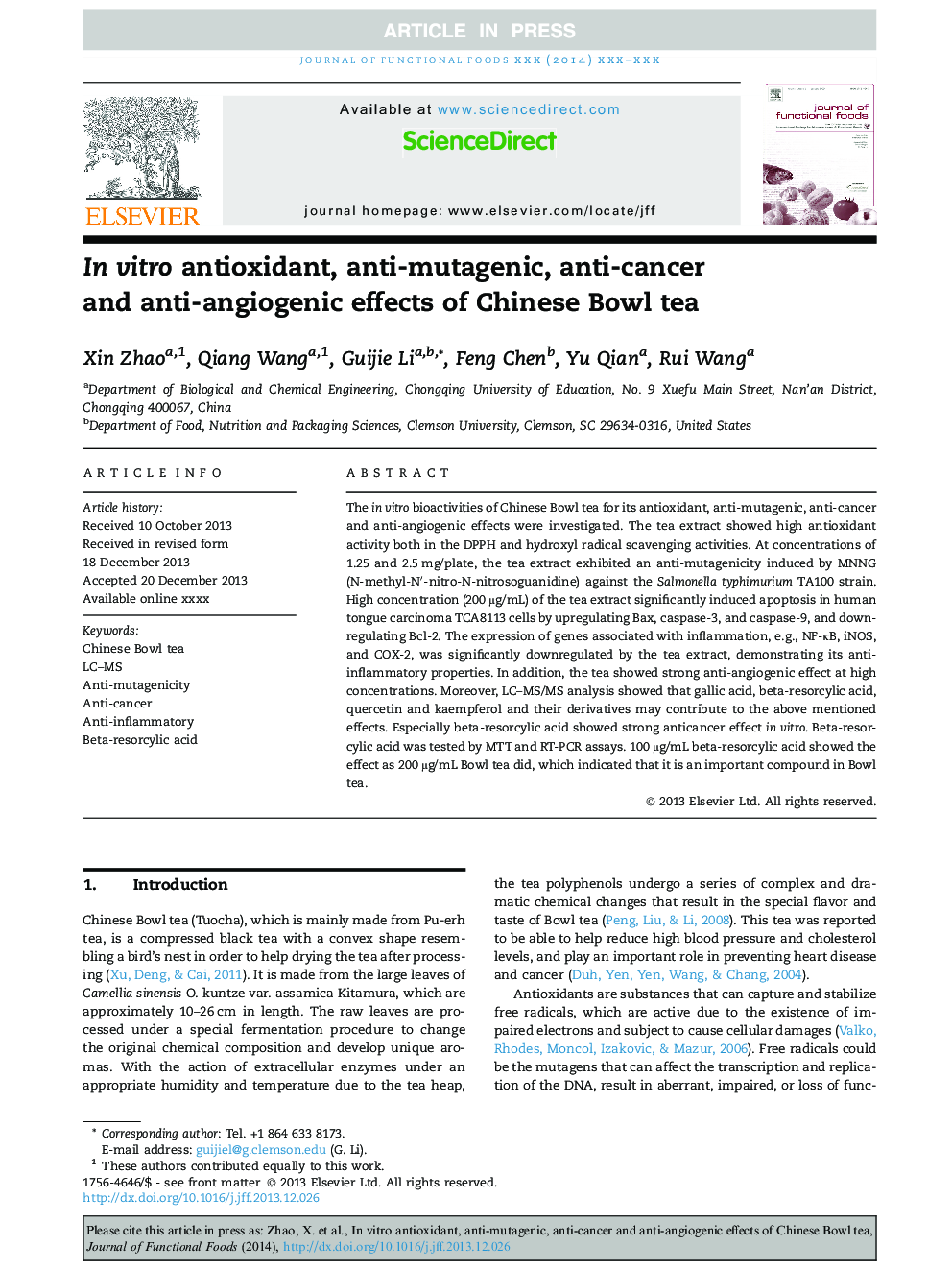 In vitro antioxidant, anti-mutagenic, anti-cancer and anti-angiogenic effects of Chinese Bowl tea