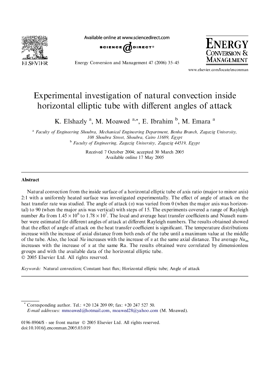 Experimental investigation of natural convection inside horizontal elliptic tube with different angles of attack