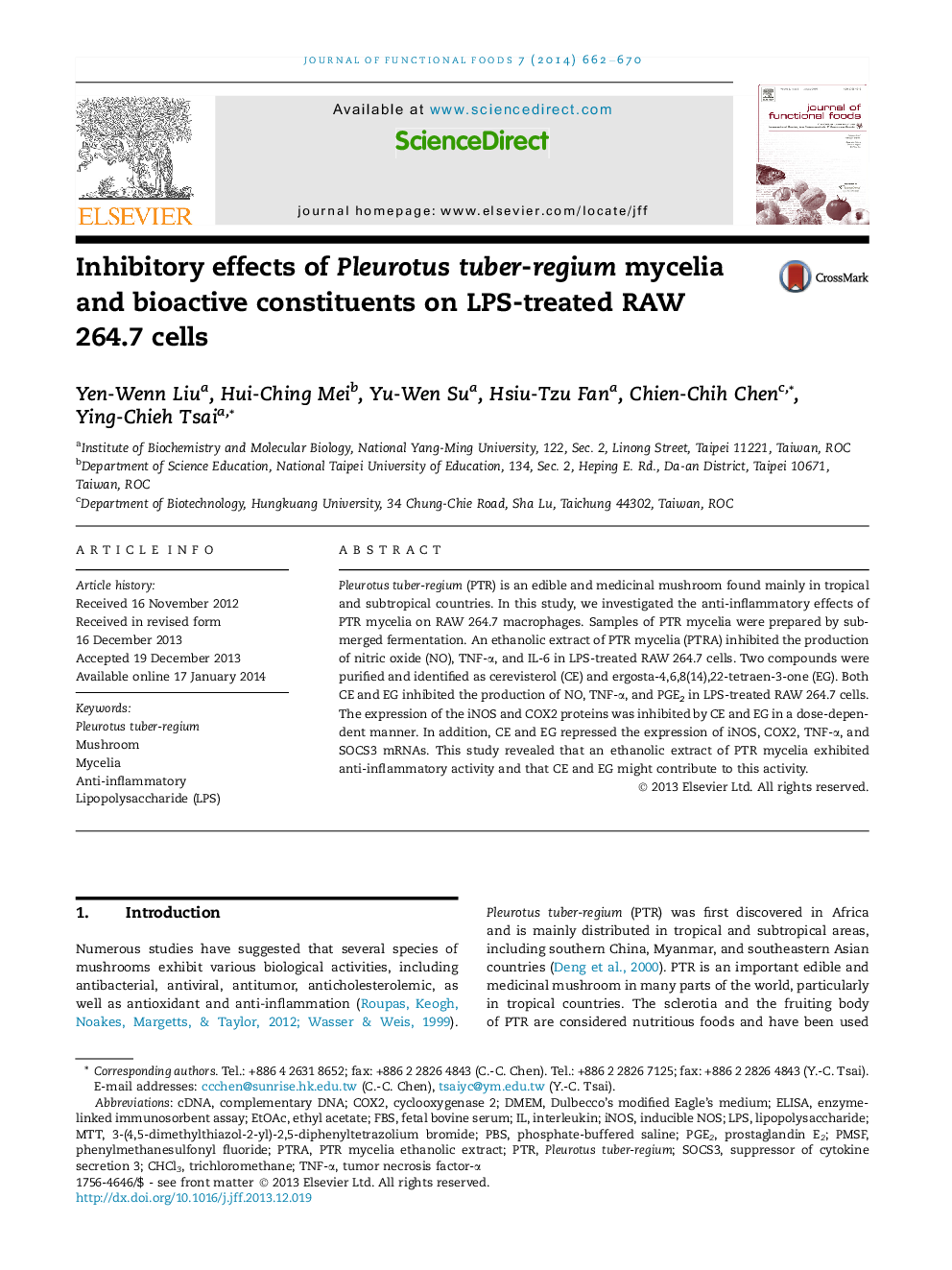 Inhibitory effects of Pleurotus tuber-regium mycelia and bioactive constituents on LPS-treated RAW 264.7 cells