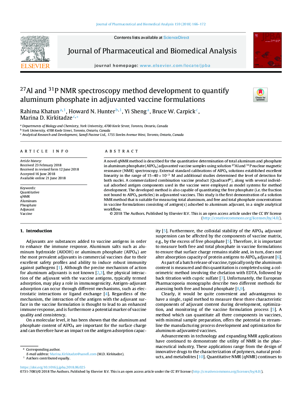 27Al and 31P NMR spectroscopy method development to quantify aluminum phosphate in adjuvanted vaccine formulations