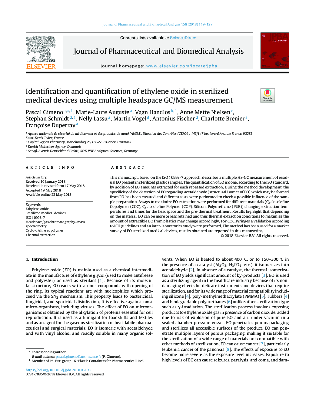 Identification and quantification of ethylene oxide in sterilized medical devices using multiple headspace GC/MS measurement