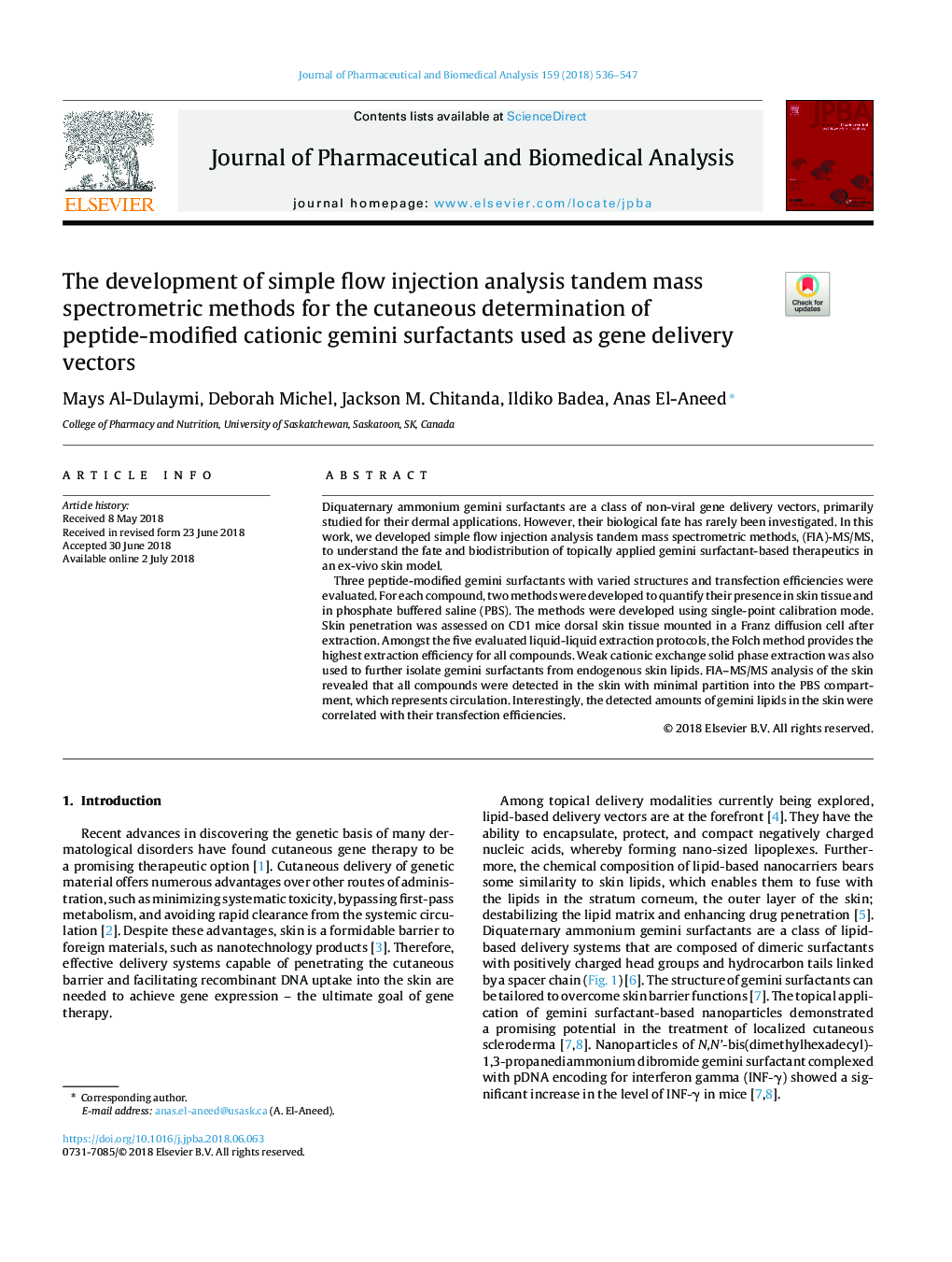 The development of simple flow injection analysis tandem mass spectrometric methods for the cutaneous determination of peptide-modified cationic gemini surfactants used as gene delivery vectors