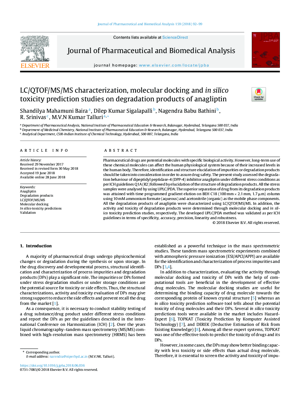 LC/QTOF/MS/MS characterization, molecular docking and in silico toxicity prediction studies on degradation products of anagliptin