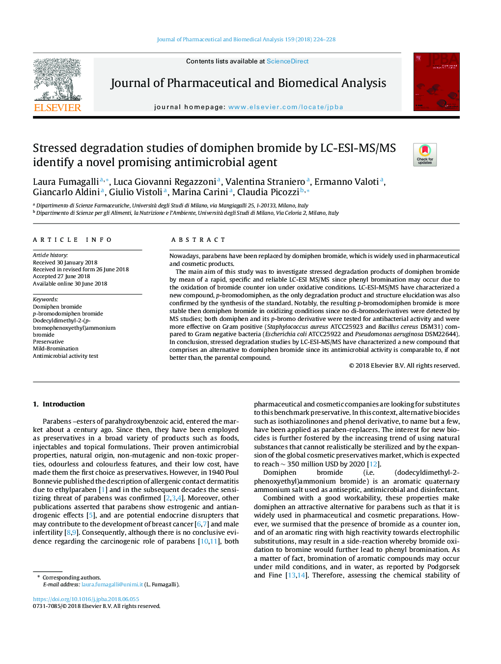 Stressed degradation studies of domiphen bromide by LC-ESI-MS/MS identify a novel promising antimicrobial agent