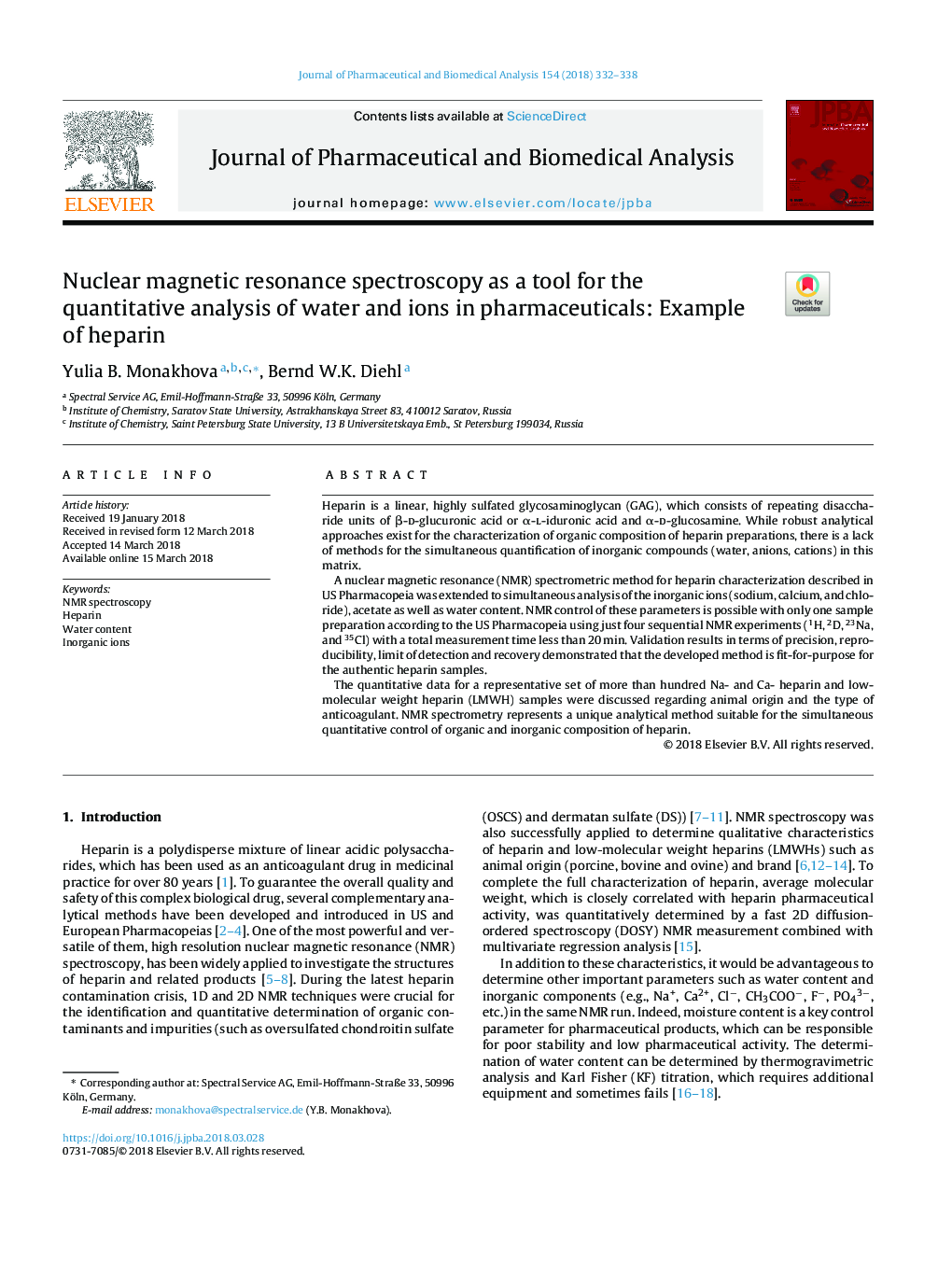 Nuclear magnetic resonance spectroscopy as a tool for the quantitative analysis of water and ions in pharmaceuticals: Example of heparin