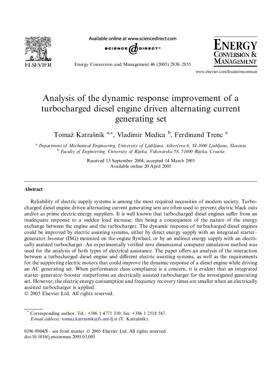 Analysis of the dynamic response improvement of a turbocharged diesel engine driven alternating current generating set