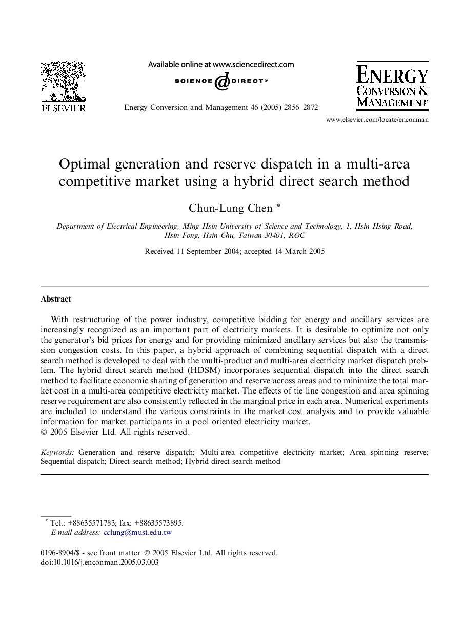 Optimal generation and reserve dispatch in a multi-area competitive market using a hybrid direct search method