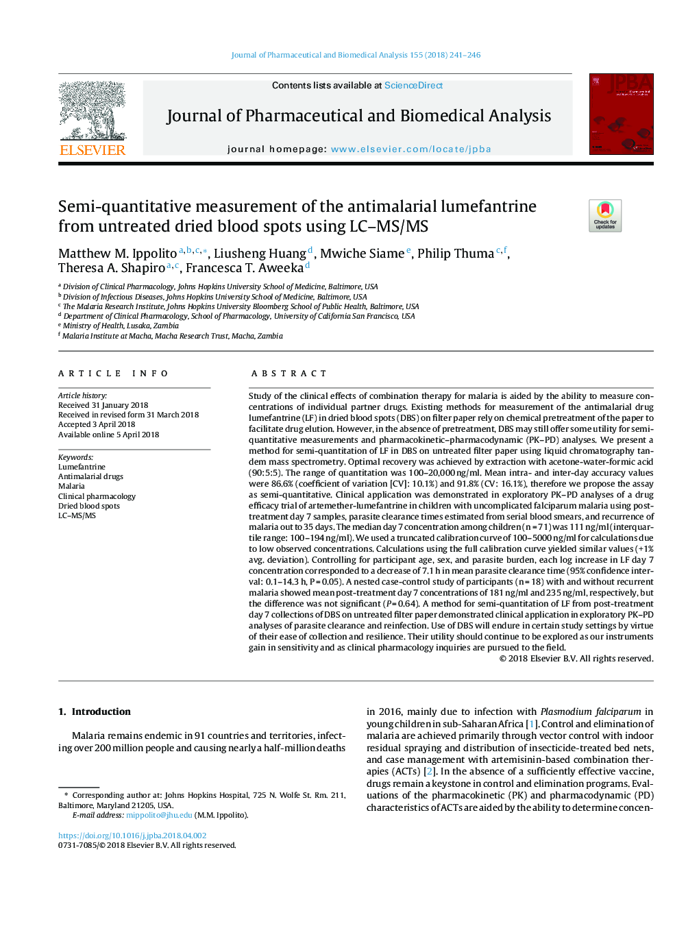 Semi-quantitative measurement of the antimalarial lumefantrine from untreated dried blood spots using LC-MS/MS