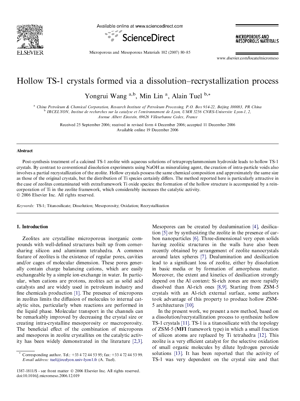 Hollow TS-1 crystals formed via a dissolution–recrystallization process