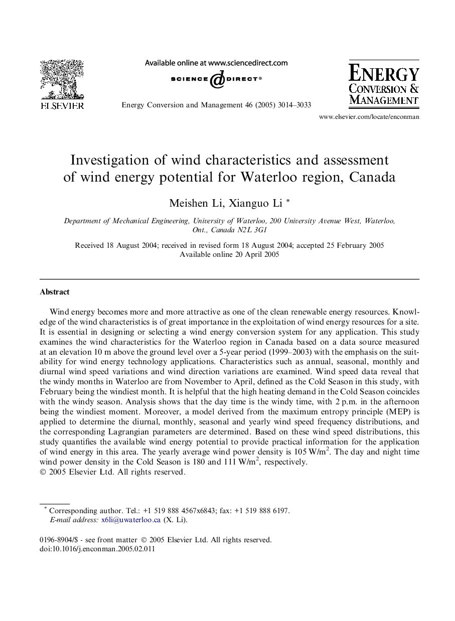 Investigation of wind characteristics and assessment of wind energy potential for Waterloo region, Canada