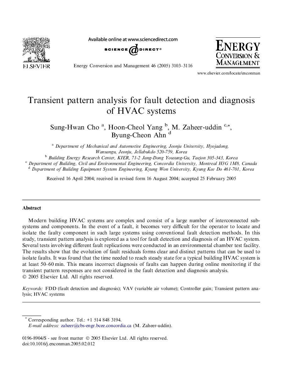 Transient pattern analysis for fault detection and diagnosis of HVAC systems