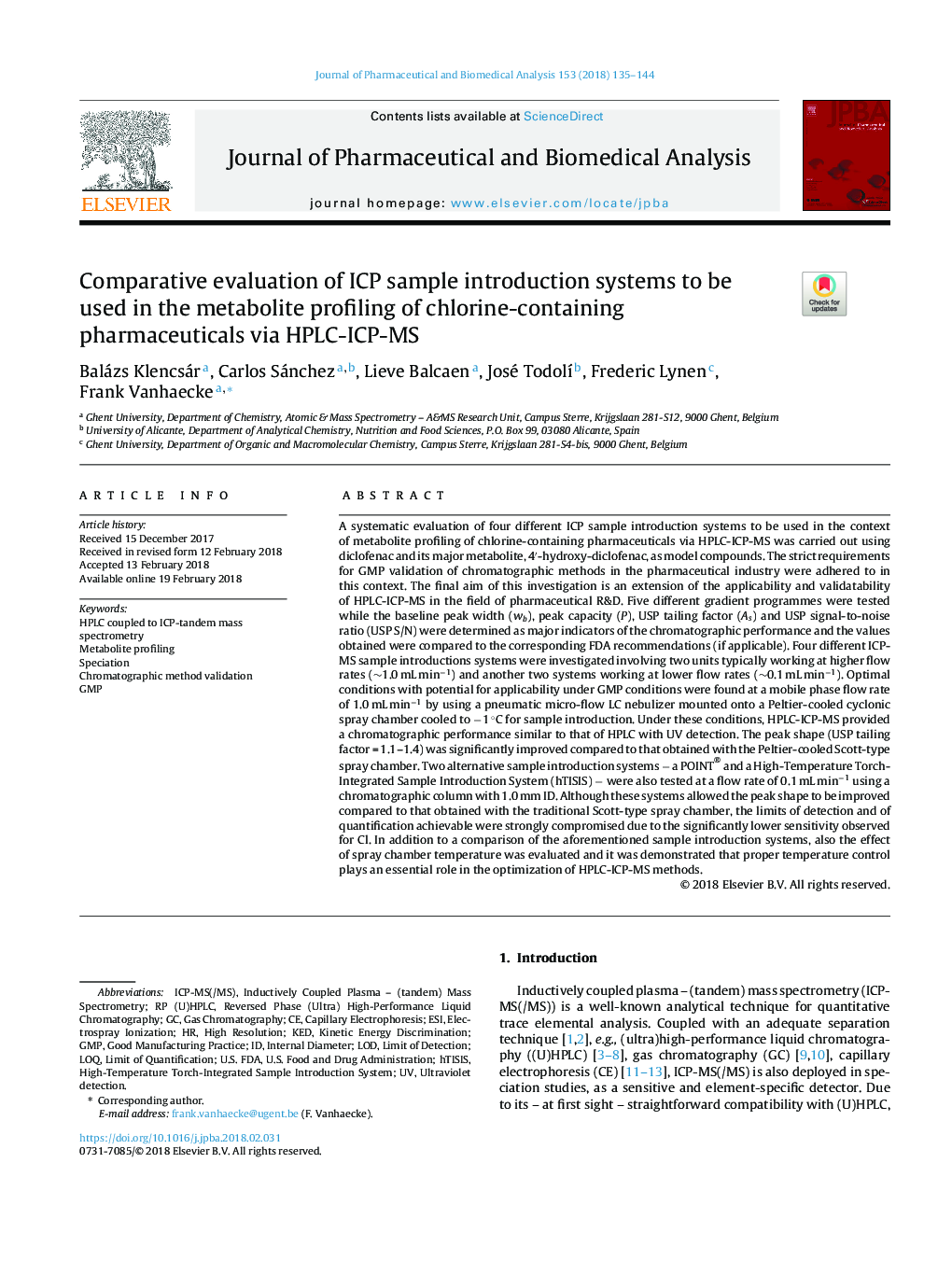 Comparative evaluation of ICP sample introduction systems to be used in the metabolite profiling of chlorine-containing pharmaceuticals via HPLC-ICP-MS