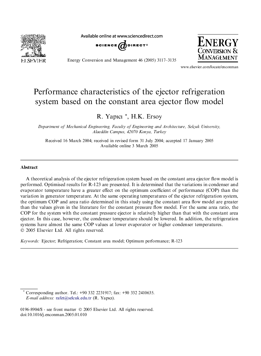 Performance characteristics of the ejector refrigeration system based on the constant area ejector flow model