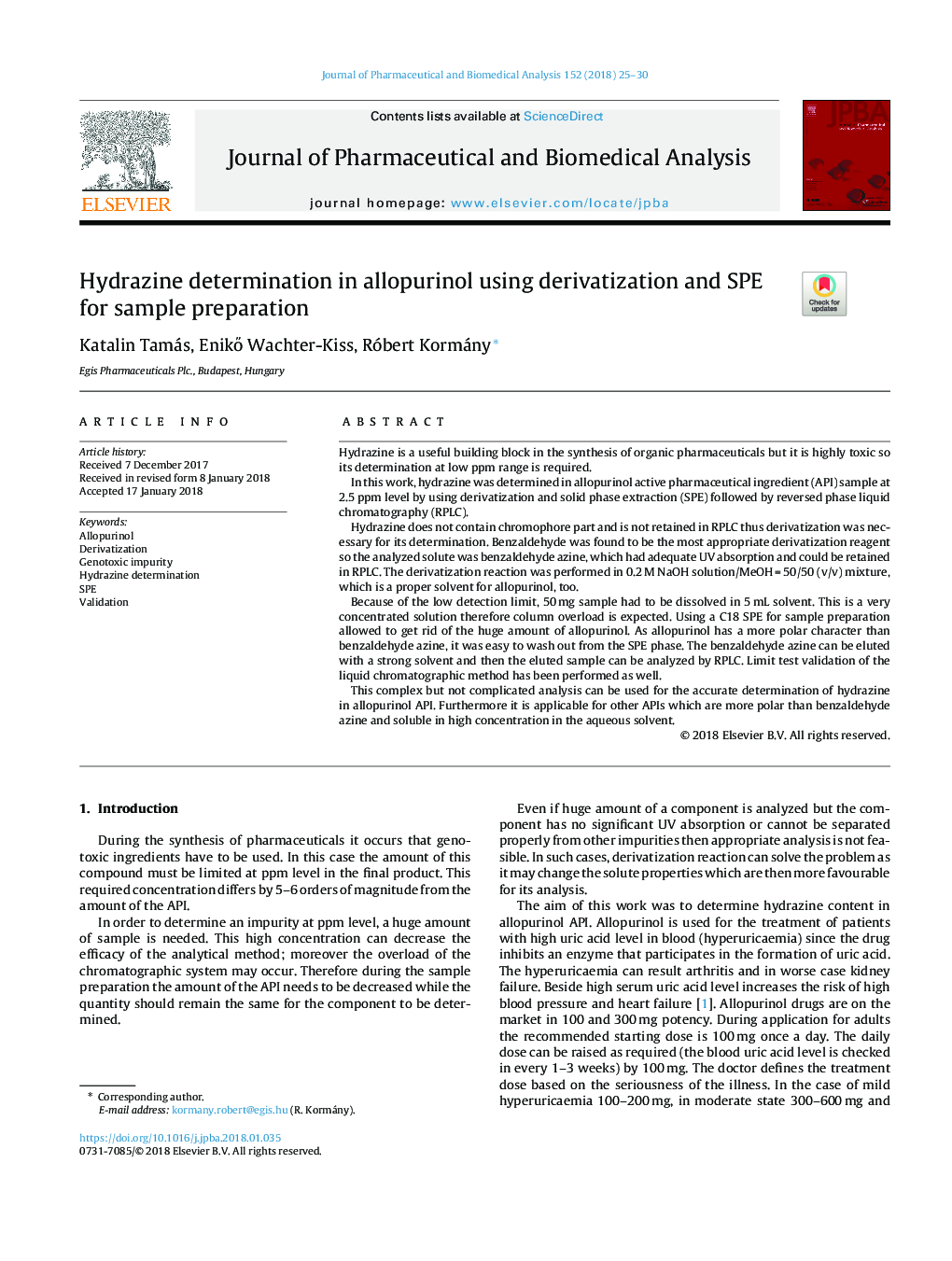 Hydrazine determination in allopurinol using derivatization and SPE for sample preparation