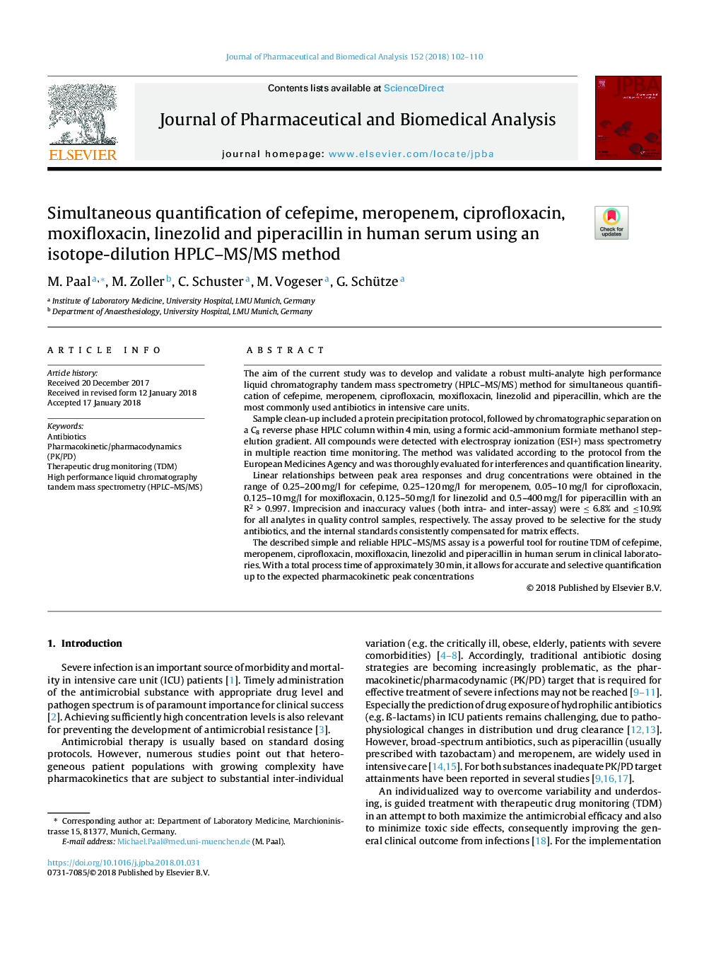 Simultaneous quantification of cefepime, meropenem, ciprofloxacin, moxifloxacin, linezolid and piperacillin in human serum using an isotope-dilution HPLC-MS/MS method