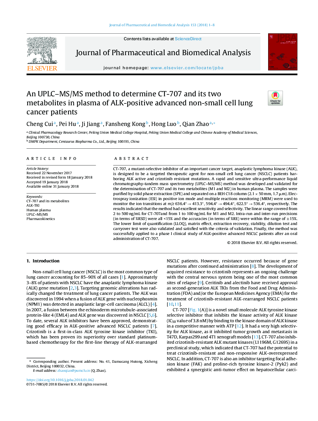 An UPLC-MS/MS method to determine CT-707 and its two metabolites in plasma of ALK-positive advanced non-small cell lung cancer patients